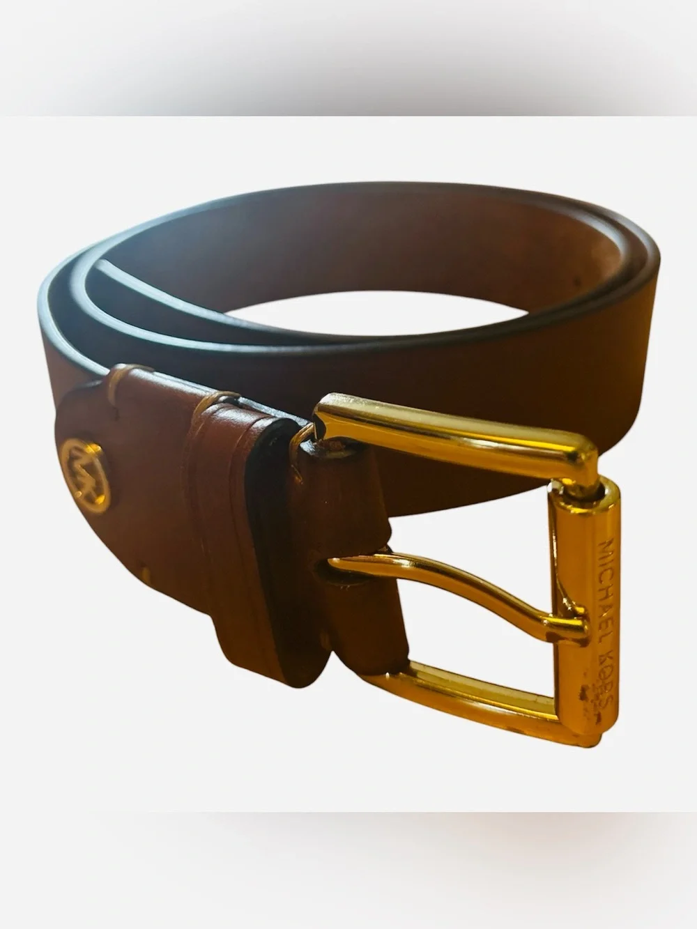 Michael Kors Women’s Brown Leather Belt with Gold MK Logo